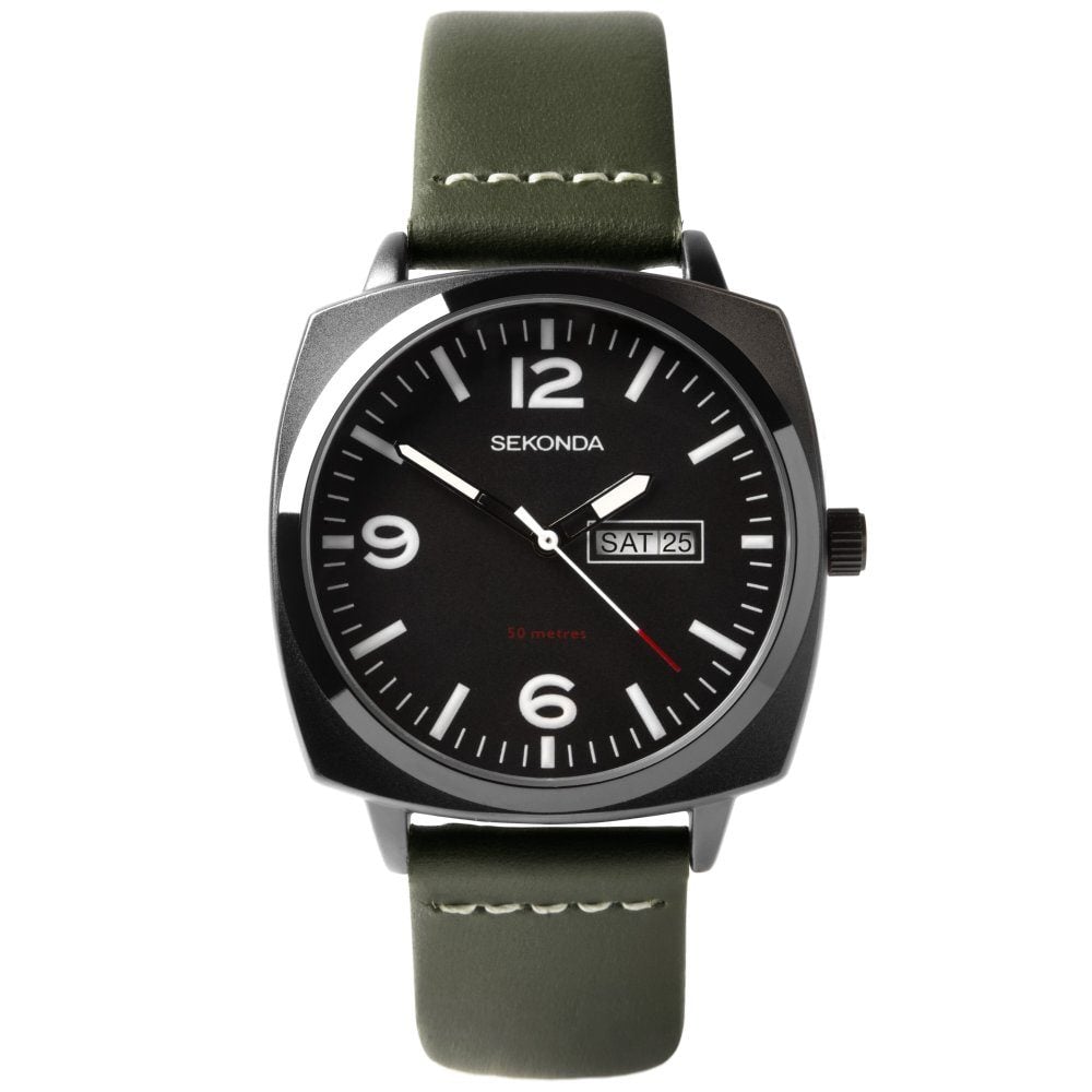 Sekonda Mens Airborne Green Leather Strap Watch 1990.27