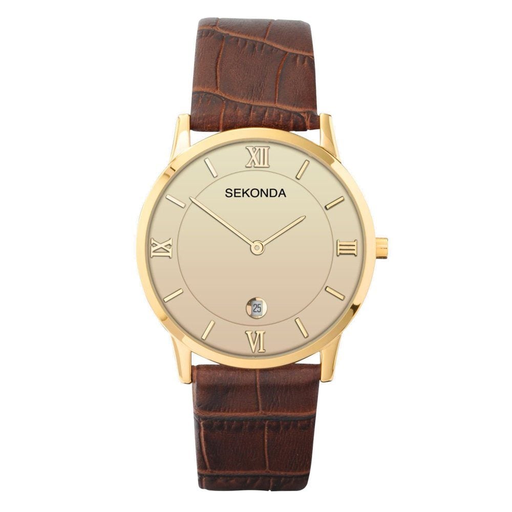 Sekonda Mens Classic Watch with Brown Leather Strap, Gold Case &amp; Champagne Dial 1041.27