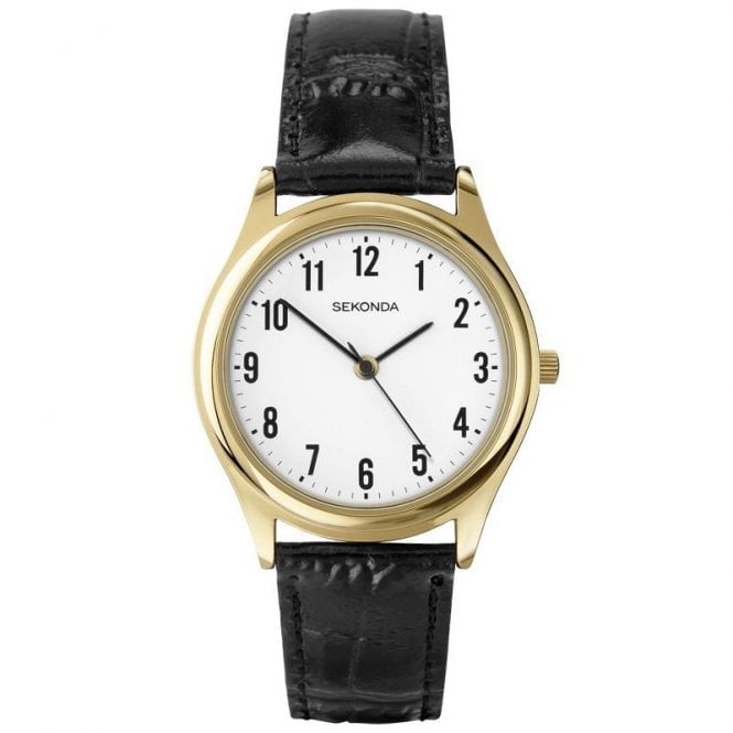 Sekonda Mens Easy Read Watch with Black Leather Strap, Gold Case &amp; White Dial 3623.27
