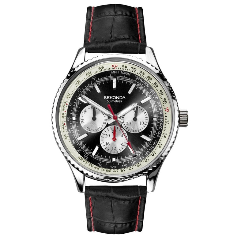 Sekonda Mens Maverick Black Leather Strap with Black Dial Watch 30035.27