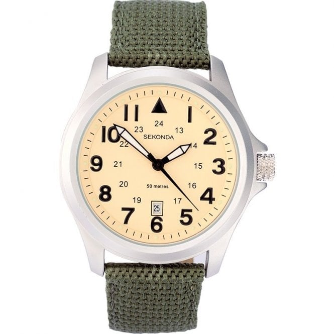 Sekonda Mens Miltary Watch with Green Material Strap &amp; Biege Dial 3341.27