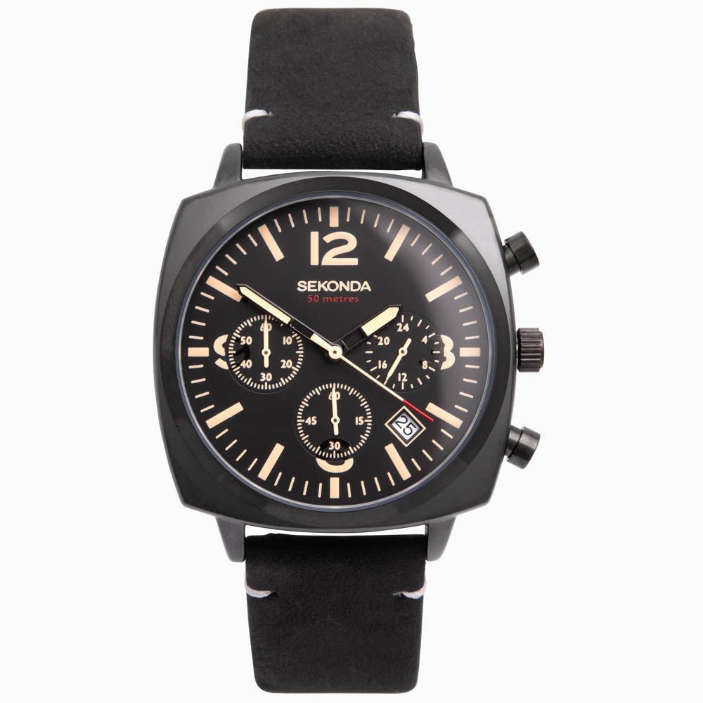 Sekonda Mens Pilot Chronograph Black Leather Strap with Black Dial Watch 1991.271991.27