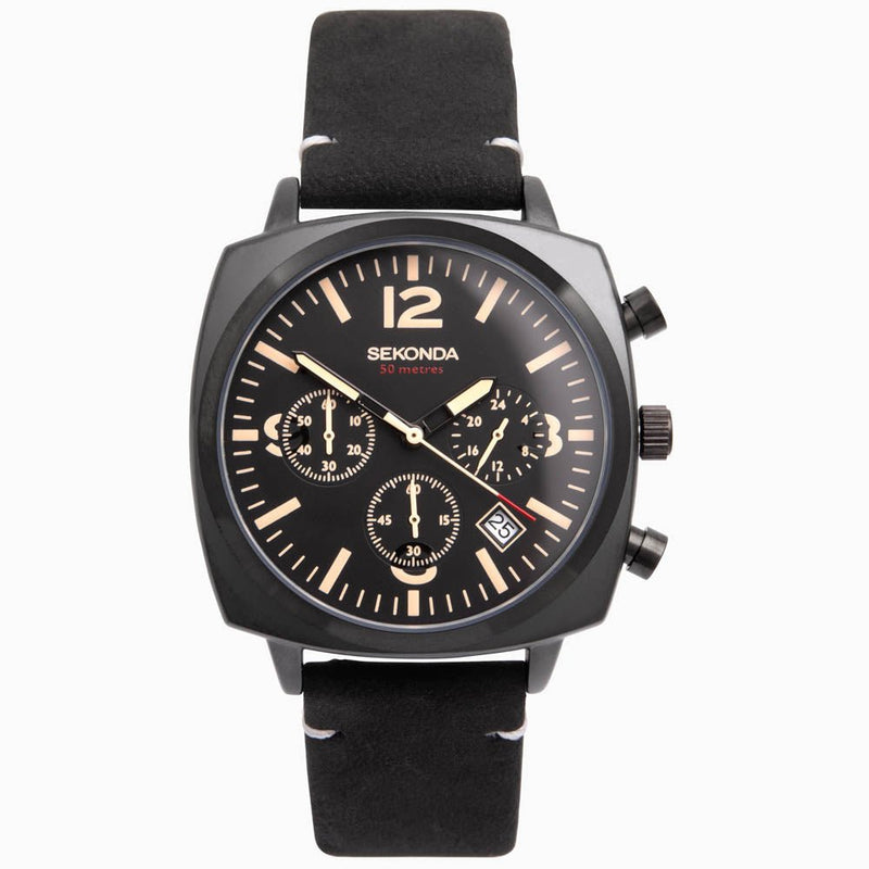 Sekonda Mens Pilot Chronograph Black Leather Strap with Black Dial Watch 1991.271991.27