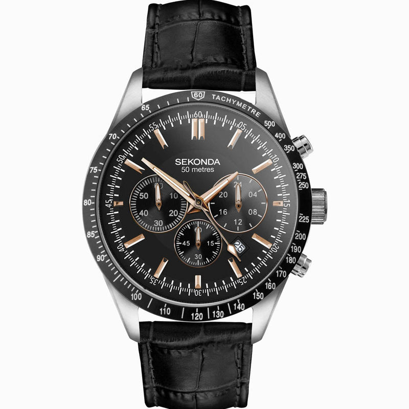 Sekonda Mens Velocity Chronograph Black Leather Strap with Black Dial Watch 30017.2730017.27