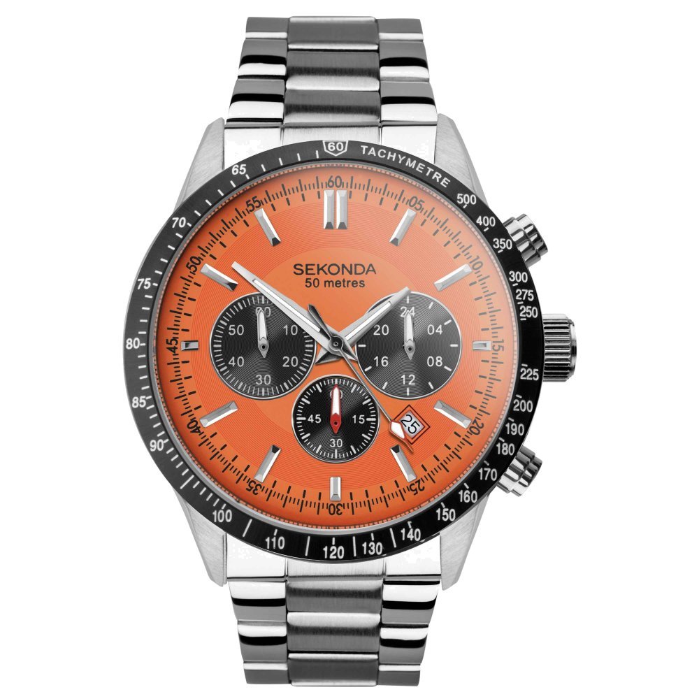 Sekonda Mens Velocity Chronograph Stainless Steel Bracelet with Orange Dial Watch 30025.2730025.27