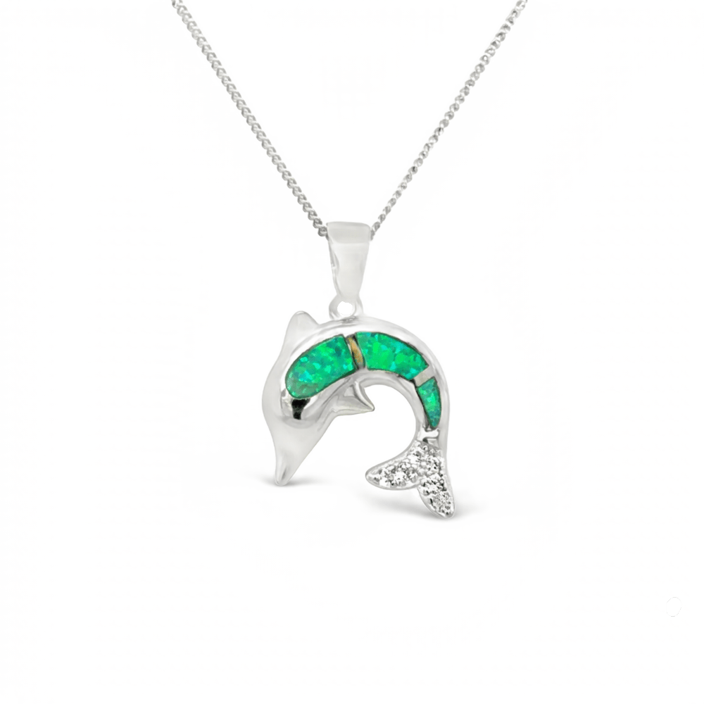 Sugar Sugar Silver Green Lab Opal Dolphin Pendant