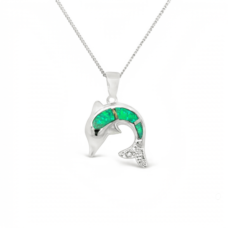 Sugar Sugar Silver Green Lab Opal Dolphin Pendant