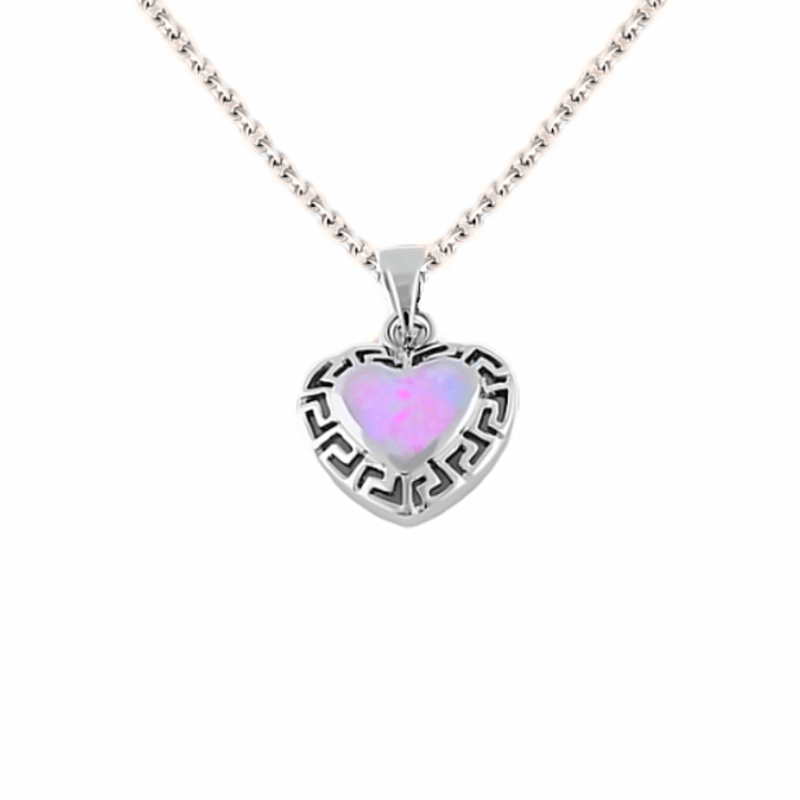 Sugar Sugar Silver Heart Greek Pattern Pink Lab Opal Pendant with Chain