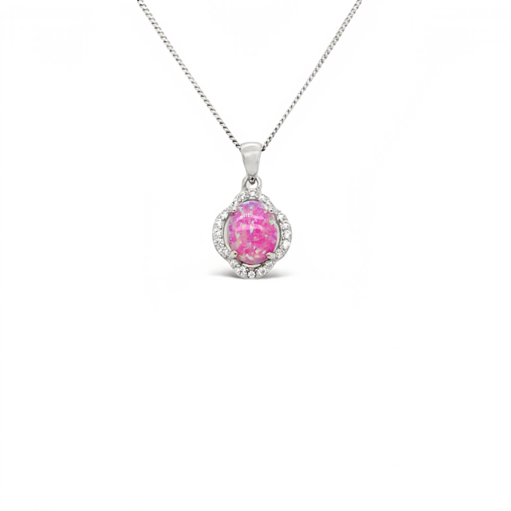 Sugar Sugar Silver Oval Lab Pink Opal and Halo Pendant