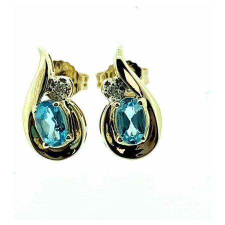 Yellow Gold Blue Topaz & Diamond Fancy Teardrop Stud Earrings