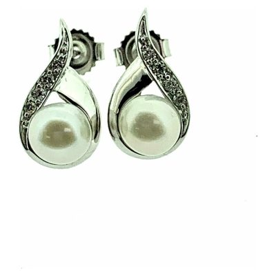 White Gold Pearl & Diamond Teardrop Stud Earrings