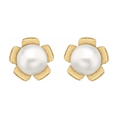 Yellow Gold Pearl and Flower Stud Earrings