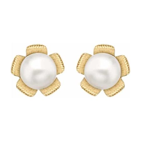 Yellow Gold Pearl and Flower Stud Earrings