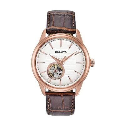 Bulova Men's Automatic Rose Gold Leather Watch