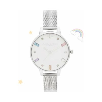 Olivia Burton Rainbow Bee White Jewel Silver Boucle Mesh Watch
