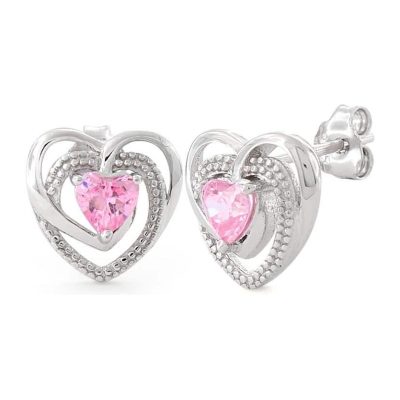 Sterling Silver Precious Heart Pink Cz Ear Rings