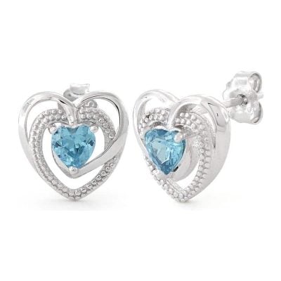 Sterling Silver Precious Heart Blue Topaz Cz Earrings