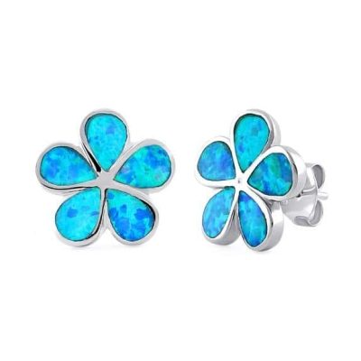Sterling Silver Flower Blue Lab Opal Stud Earrings