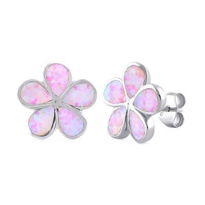 Sterling Silver Flower Pink Lab Opal Stud Earrings