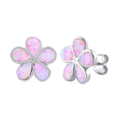 Sterling Silver Flower Pink Lab Opal Stud Earrings