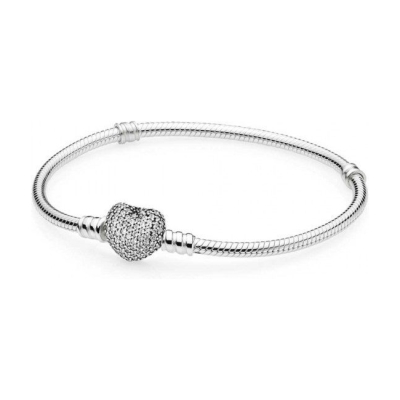 PANDORA Moments Sparkling Heart Pave Clasp Snake Chain Bracelet