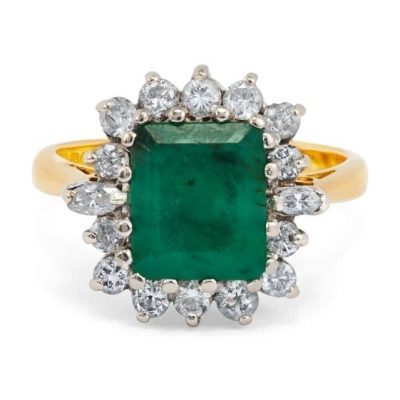 18ct Yellow Gold Emerald cut Emerald & Diamond Cluster Ring