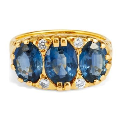 Yellow Gold Oval Sapphire Trilogy with Diamond Detail 1/2 Hoop Dress Ring