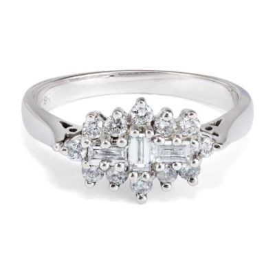18ct White Gold Baguette & Round Cut Diamond Cluster Ring