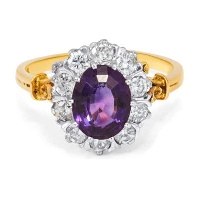Yellow Gold Oval Amethyst and Diamond Cluster Ring