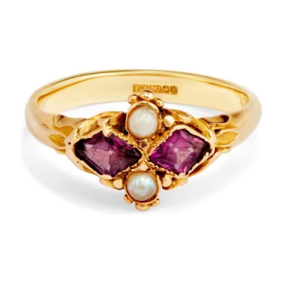 Yellow Gold Pearl and Rhodolite Ring