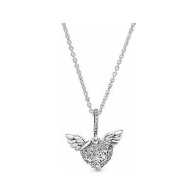 Pandora Pave Heart & Angel Wings Necklace
