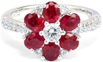 Ruby diamond flower cluster 18ct white gold ring