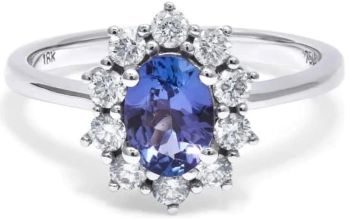 Tanzanite diamond halo cluster 18ct white gold ring