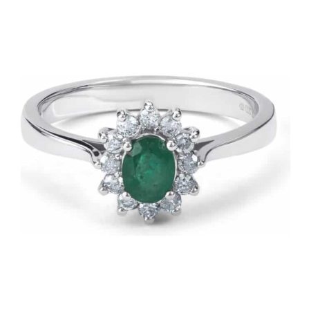 White Gold Oval Shaped Emerald & Diamond Cluster Ring