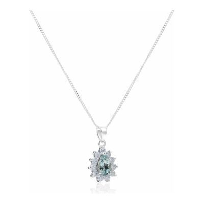 9ct White Gold Pear Shaped Aquamarine & Diamond Cluster Pendant With Chain