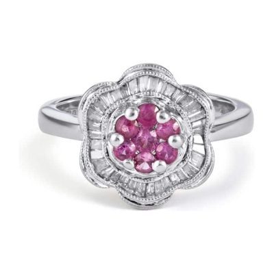White Gold Diamond & Pink Sapphire Flower Cluster Ring
