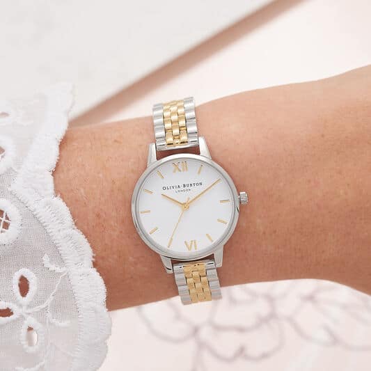 Olivia Burton Ladies White Dial Silver & Gold Bracelet Watch