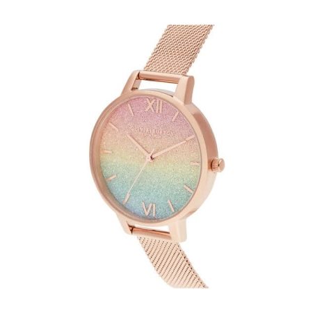 Olivia Burton Ladies Rainbow Glitter Dial & Rose Gold Mesh Watch