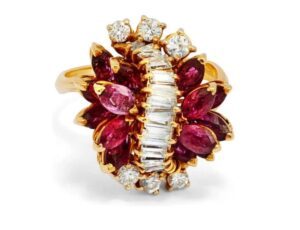 18 ct yellow gold marquise ruby round baguette diamond cluster ring