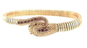 9ct yellow gold ruby emerald set snake bangle