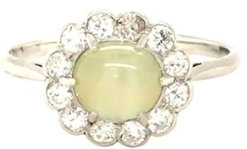 Cats eye chrysoberyl diamond cluster platinum ring