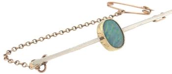 Opal brooch pin safety chain 15ct yellow gold