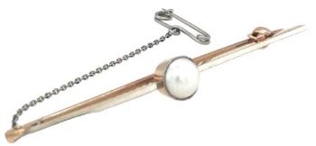 Pearl bar brooch chain 9ct yellow gold