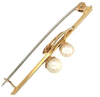 Two stone pearl brooch 9ct yellow gold