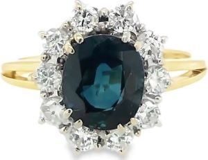 Blue sapphire diamond cluster 18ct yellow gold ring