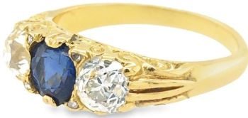 Blue sapphire old cut diamond 18 ct yellow gold ring
