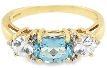 Blue topaz cubic zirconia 18ct yellow gold 3 stone ring