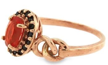 Fire opal black diamond halo 9ct rose gold ring