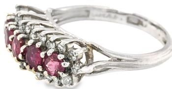 Five stone ruby diamond cluster 18ct white gold ring
