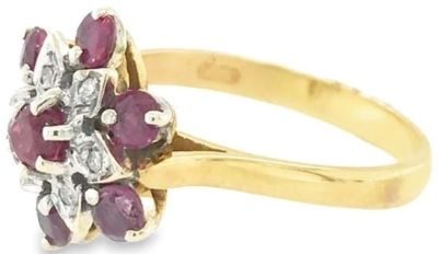 Ruby Diamond flower cluster 9ct yellow gold ring